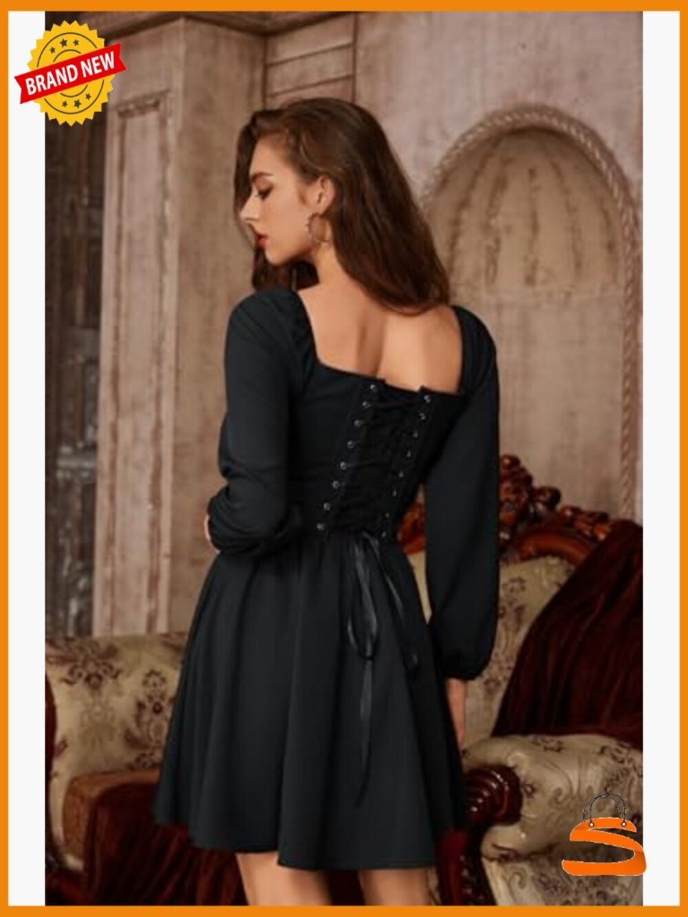 Renaissance Corset Mini Dress Long Sleeve Puff Sleeve Fishbone Party - Picture 4 of 7